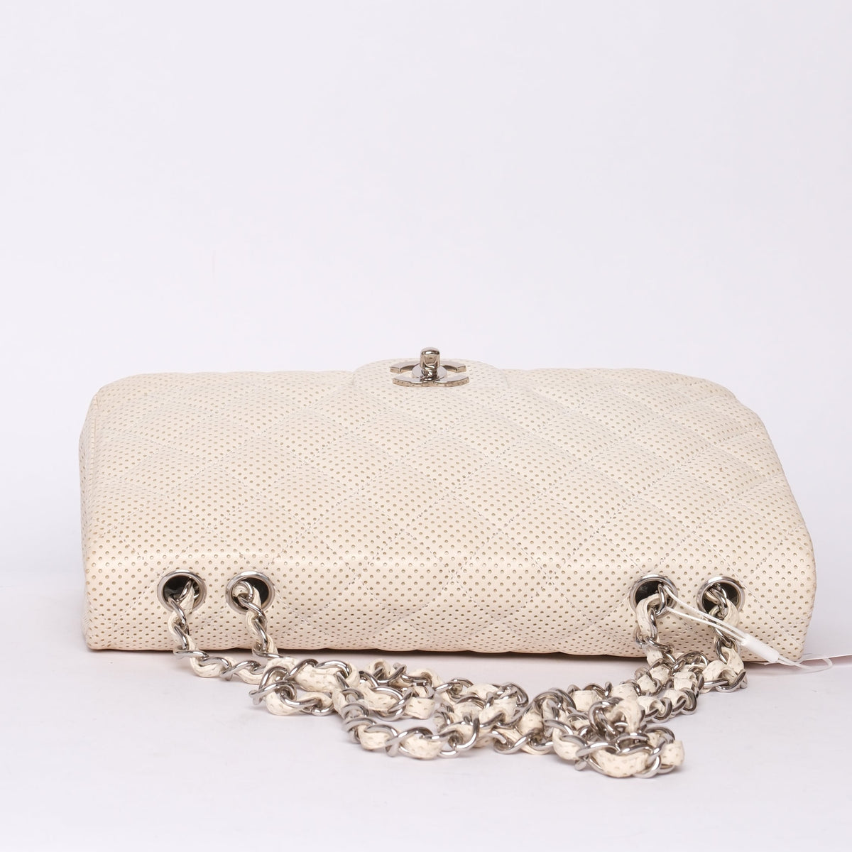 Chanel White Lambskin Leather Perforated Flap Shoulder Bag SHW
