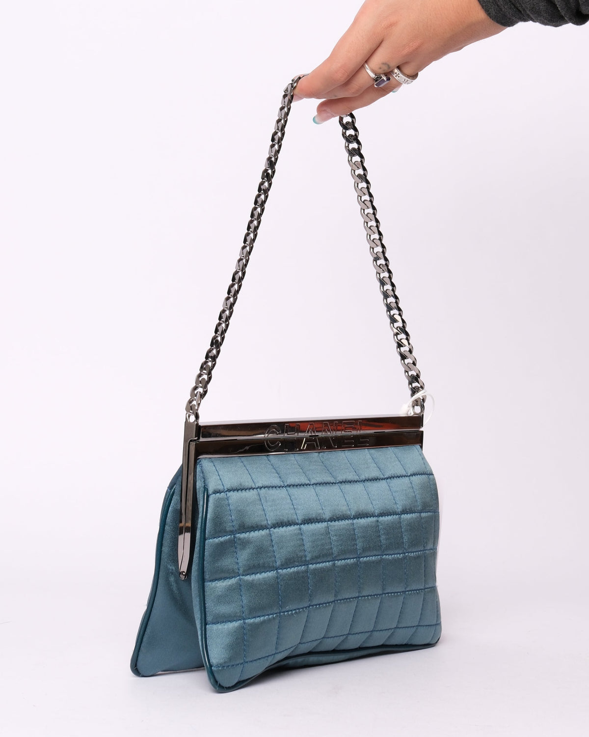 Chanel Teal Satin Chocolate Bar Frame Bag