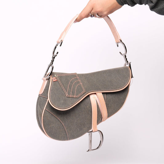 Christian Dior Gray Denim & Pink Patent Leather Saddle Bag