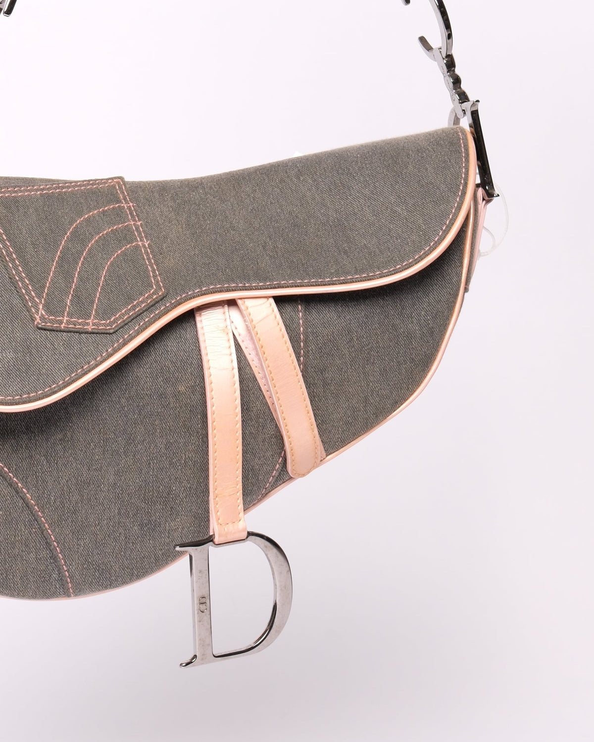 Christian Dior Gray Denim & Pink Patent Leather Saddle Bag