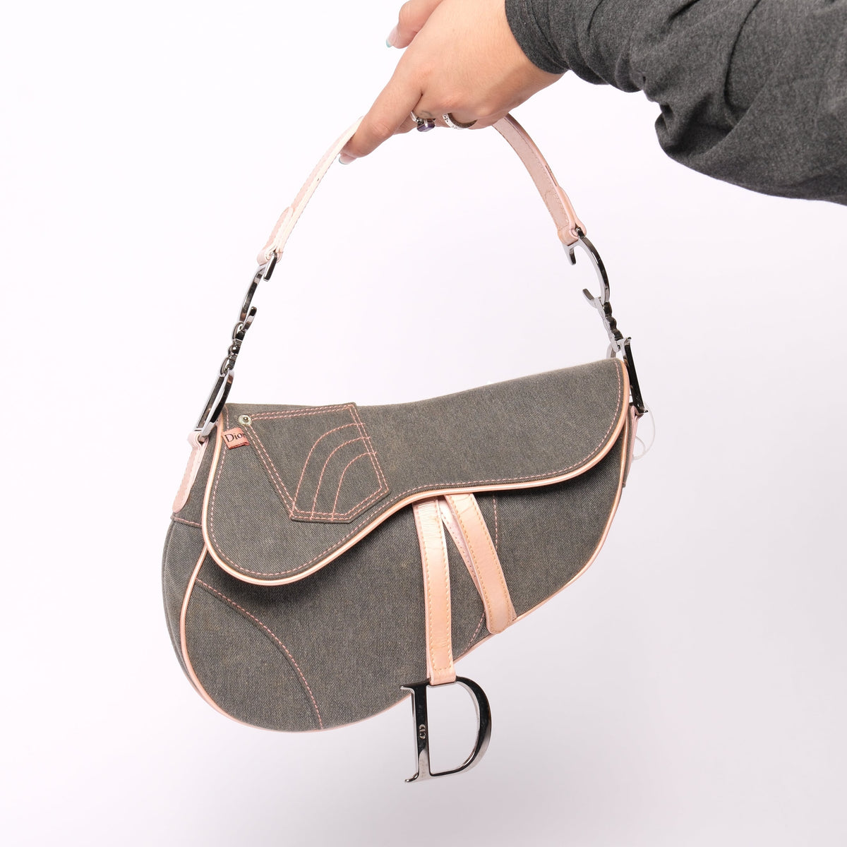 Christian Dior Gray Denim & Pink Patent Leather Saddle Bag