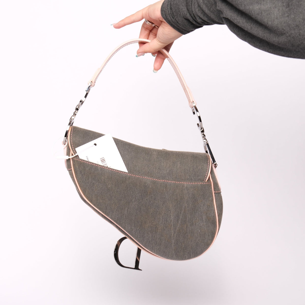 Christian Dior Gray Denim & Pink Patent Leather Saddle Bag