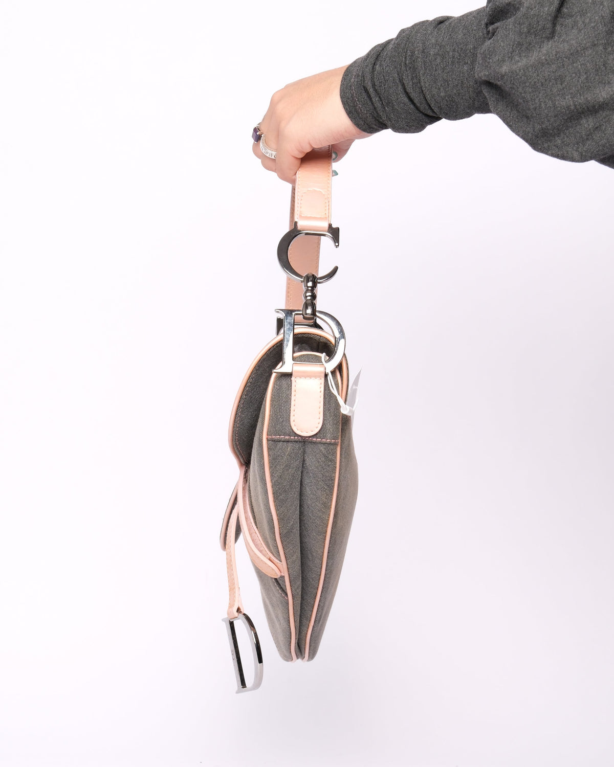 Christian Dior Gray Denim & Pink Patent Leather Saddle Bag