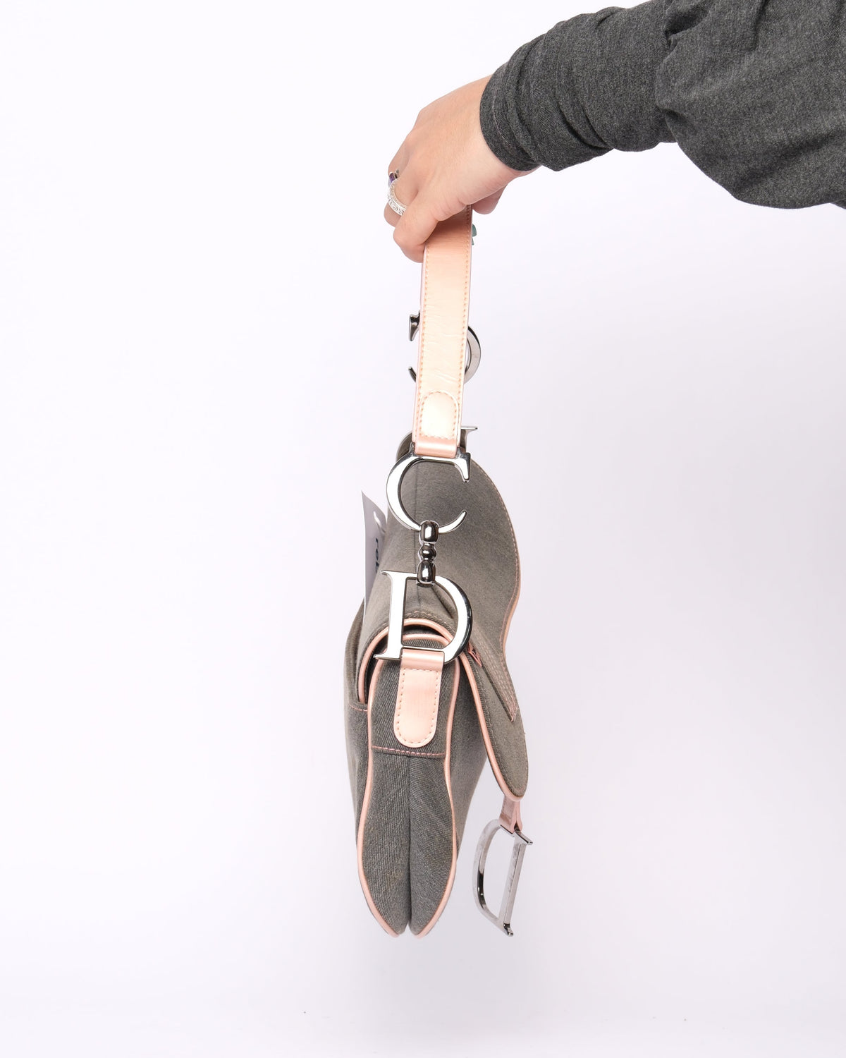 Christian Dior Gray Denim & Pink Patent Leather Saddle Bag