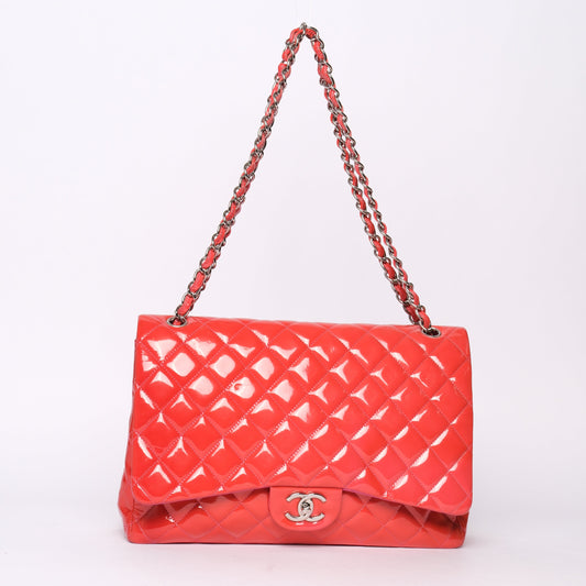 Chanel Red Patent Leather Quilted Matelasse Double Flap Shoulder Bag