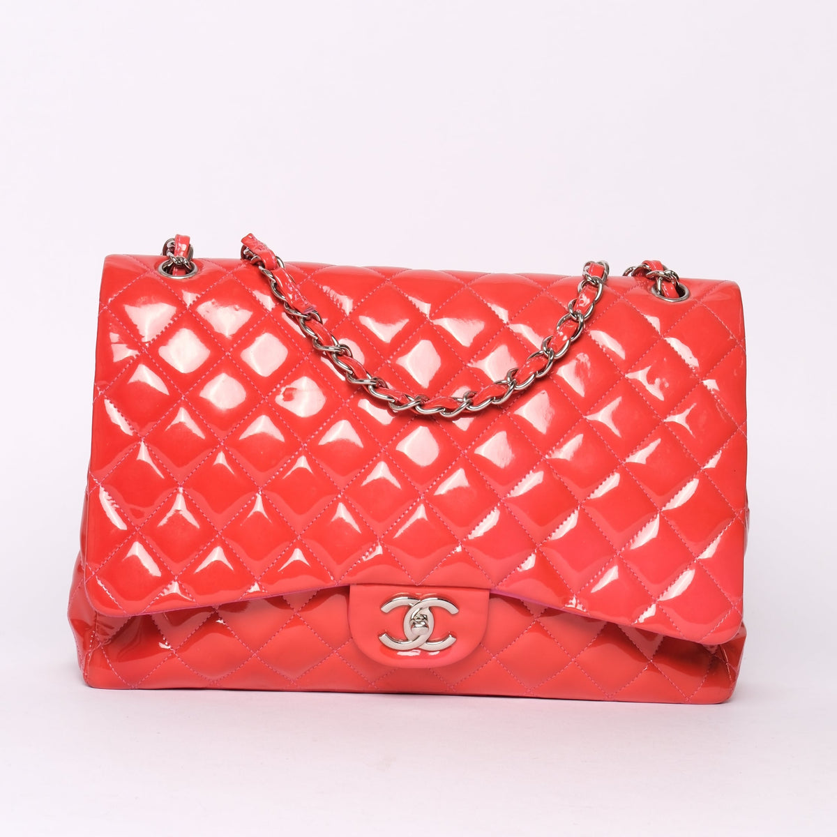 Chanel Red Patent Leather Quilted Matelasse Double Flap Shoulder Bag