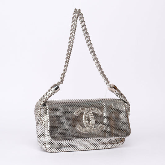 Chanel Silver Rodeo Drive Perforated Leather Shoulder Bag