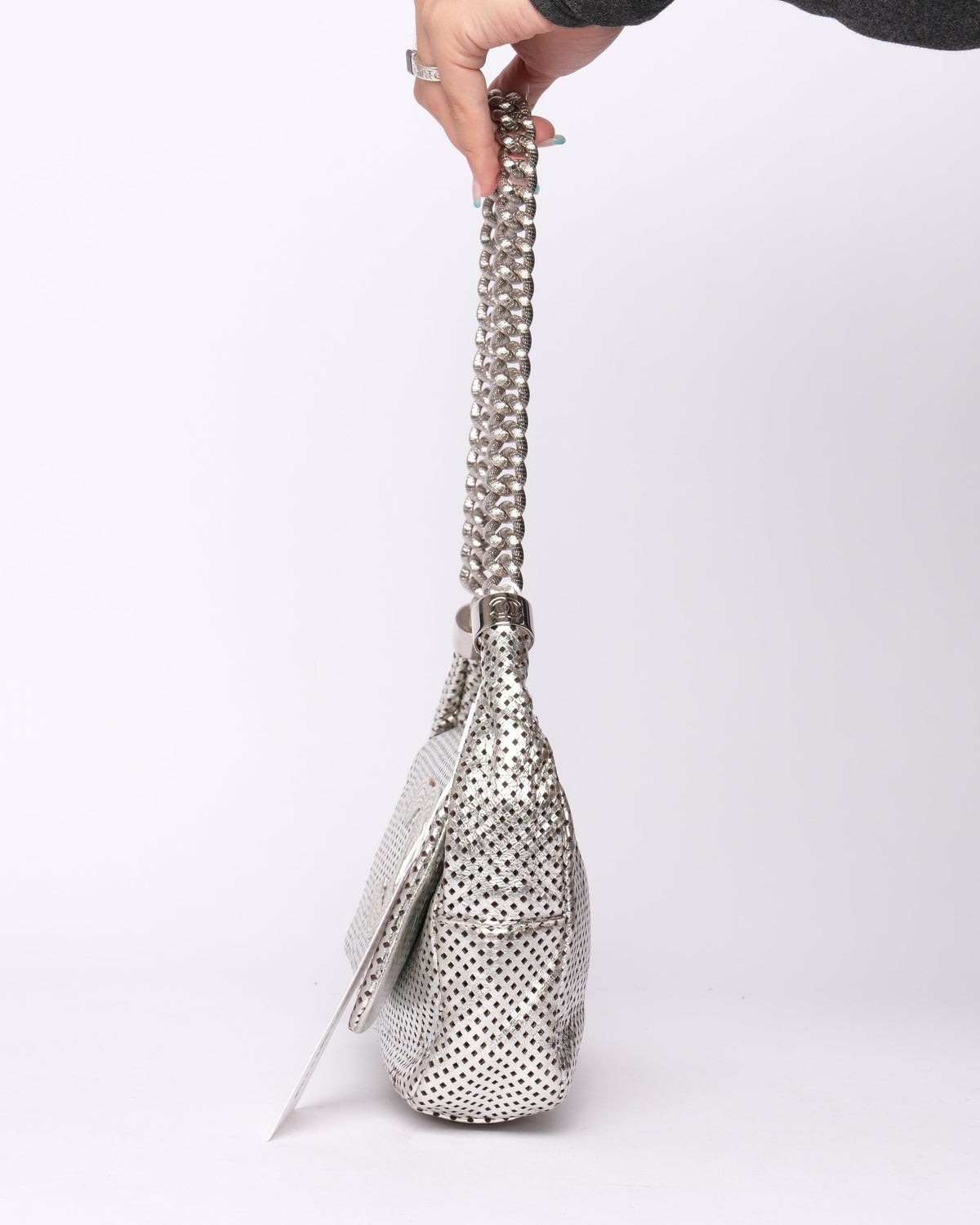 Chanel Silver Rodeo Drive Perforated Leather Shoulder Bag