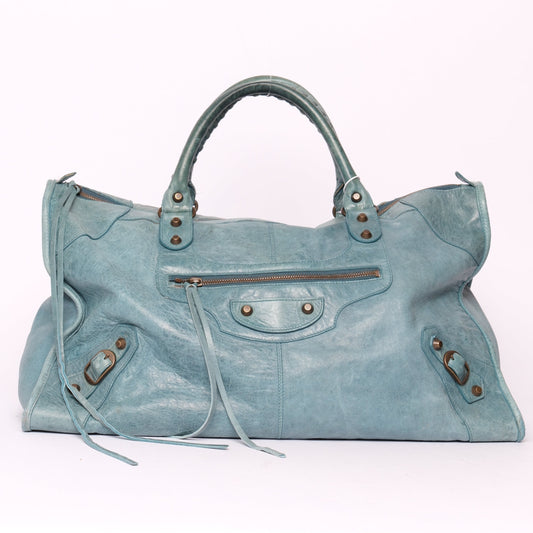 Balenciaga Teal Leather "Work" City Bag Brass HW