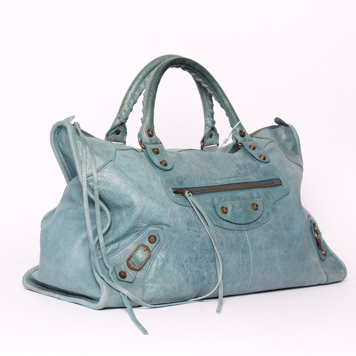 Balenciaga Teal Leather "Work" City Bag Brass HW