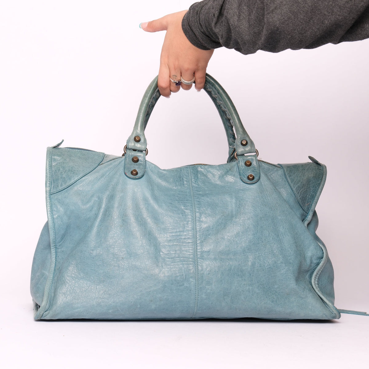 Balenciaga Teal Leather "Work" City Bag Brass HW