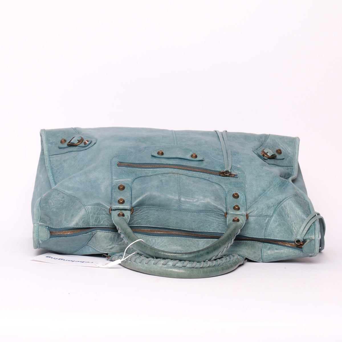 Balenciaga Teal Leather "Work" City Bag Brass HW