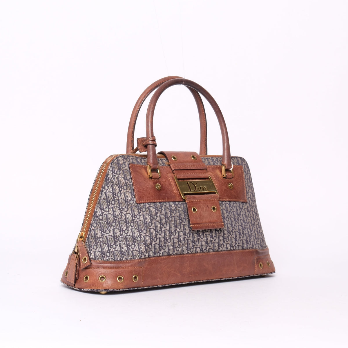 Christian Dior Navy Canvas & Brown Leather Diorissimo Street Chic Top Handle Bag