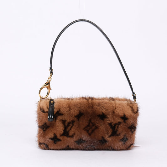 RARE Louis Vuitton 2009 Brown Mink Fur Monogram Pochette Shoulder Bag