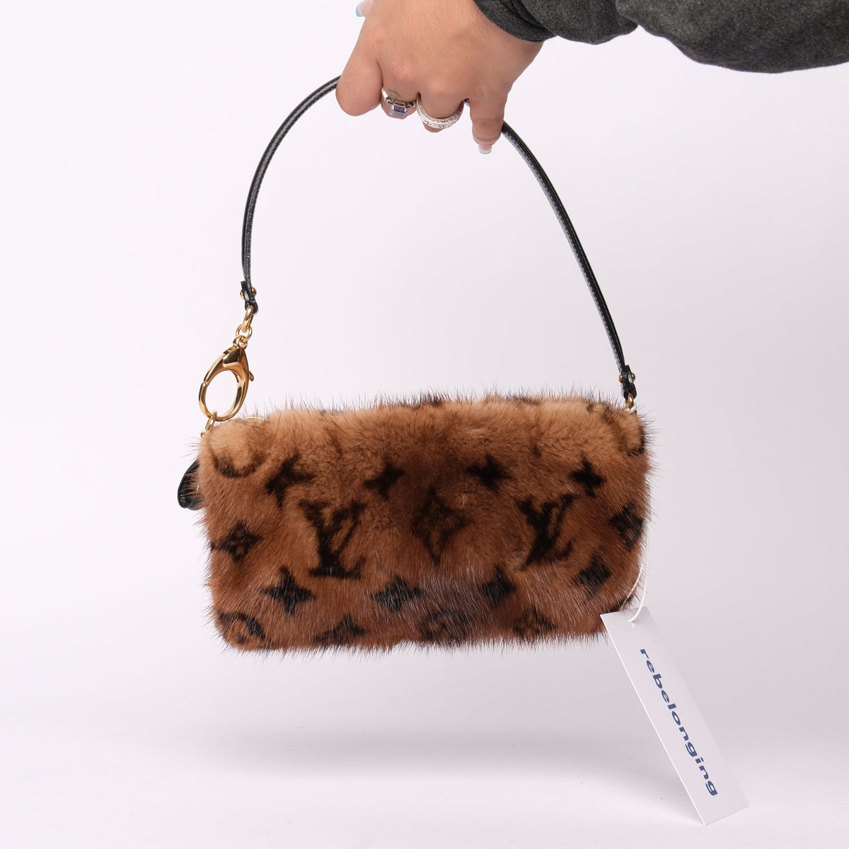 RARE Louis Vuitton 2009 Brown Mink Fur Monogram Pochette Shoulder Bag