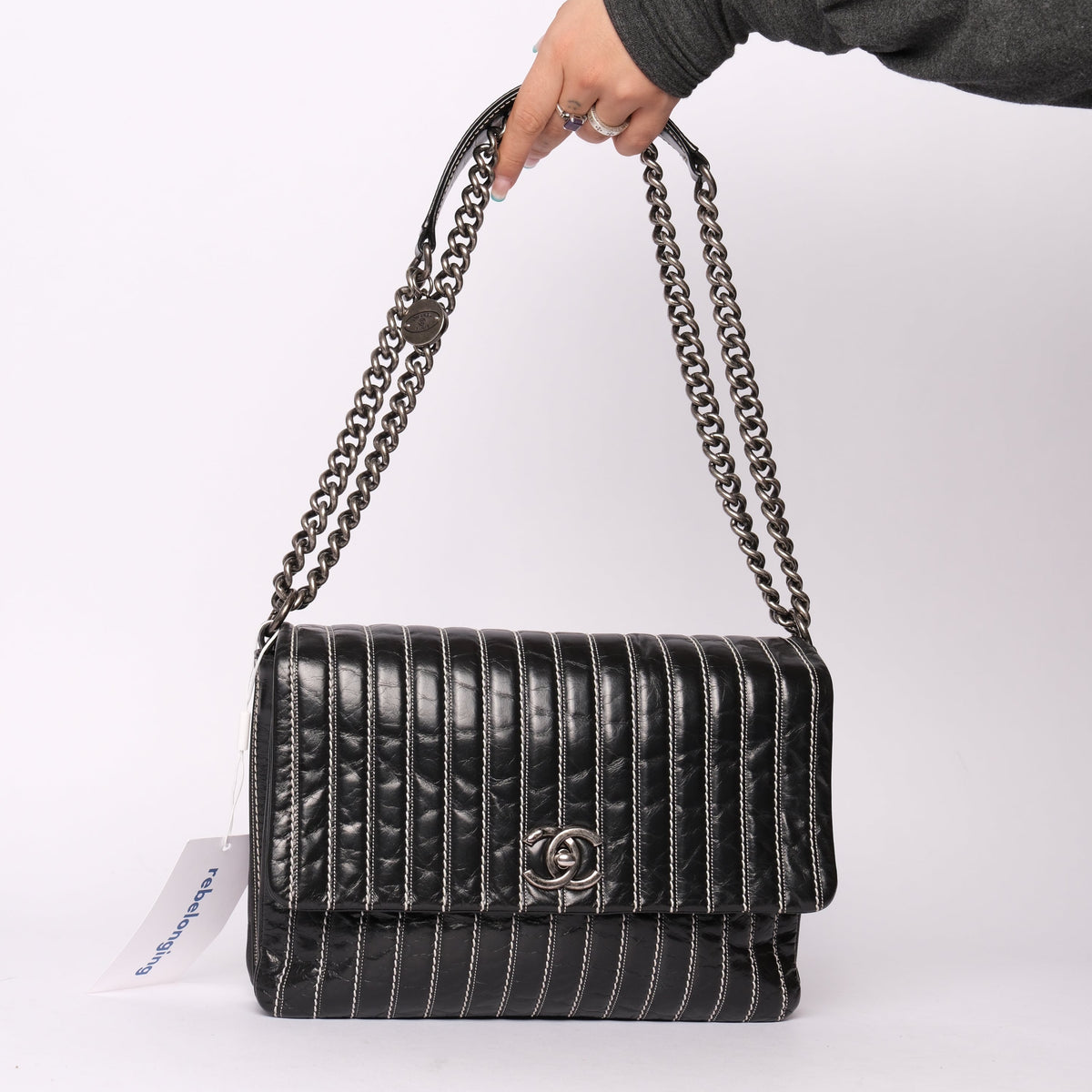 Chanel Black Vertical Stripe Stitch  Flap Bag