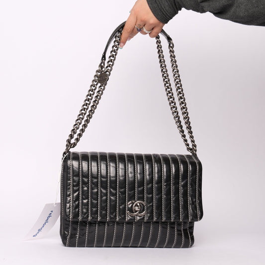 Chanel Black Vertical Stripe Stitch  Flap Bag