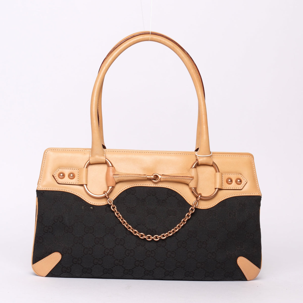 Gucci Black Canvas & Beige Leather Horsebit Tote Bag