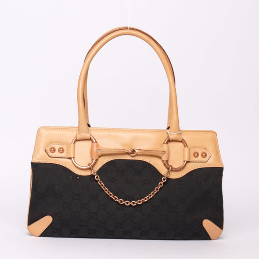 Gucci Black Canvas & Beige Leather Horsebit Tote Bag