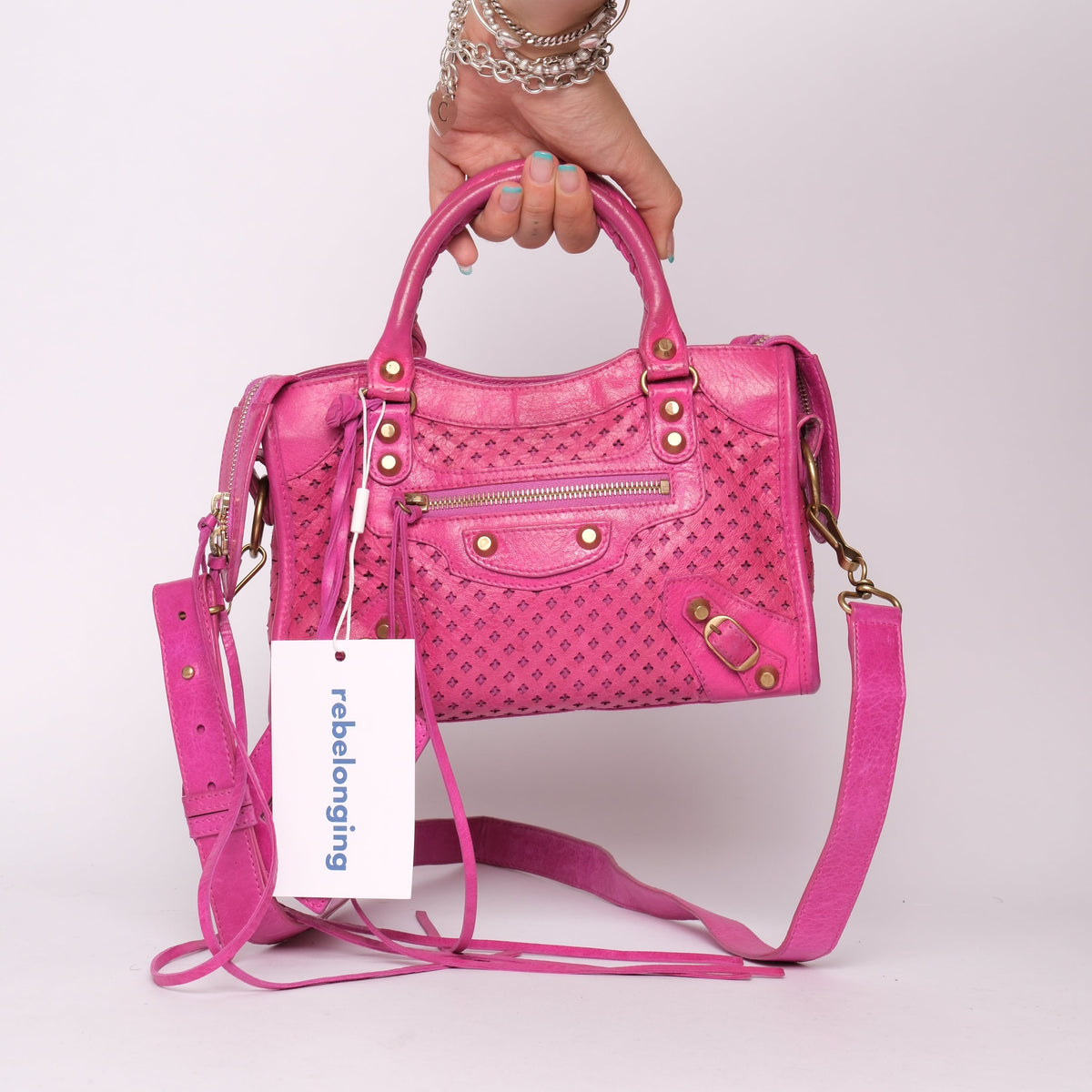Balenciaga Pink Perforated Leather Mini City Bag