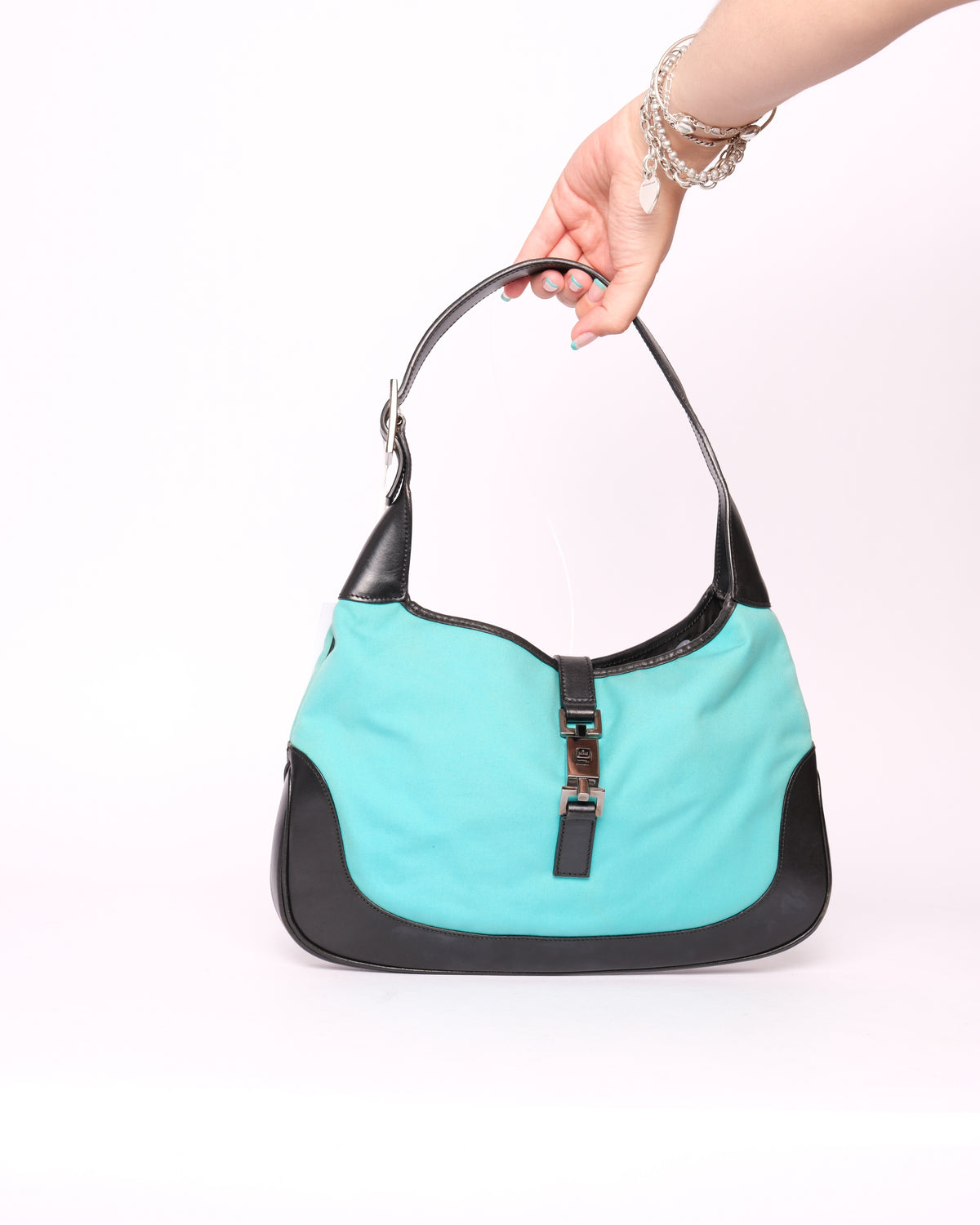Gucci Turquoise Canvas & Leather Jackie Bardot Shoulder Bag