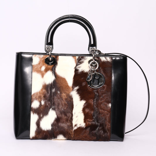 Christian Dior Black Multicolored Patent Leather & Pony-Hair Lady Dior