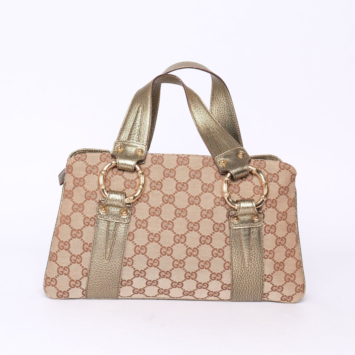 Gucci Beige Canvas & Bronze Metallic Leather Bamboo Shoulder Bag GHW