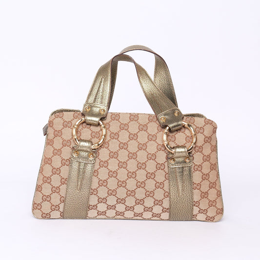 Gucci Beige Canvas & Bronze Metallic Leather Bamboo Shoulder Bag GHW