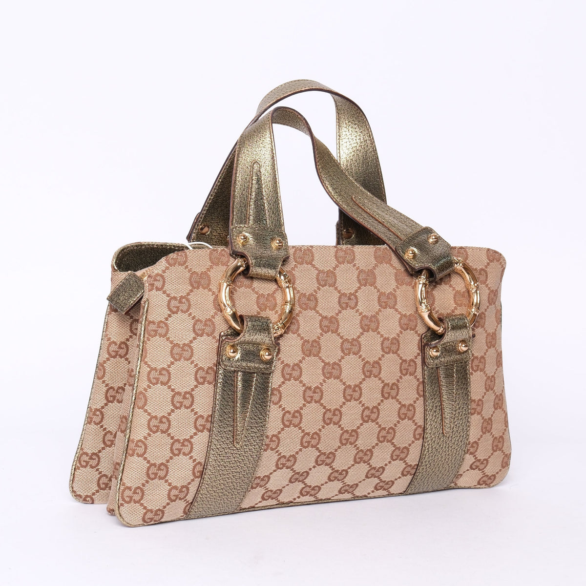Gucci Beige Canvas & Bronze Metallic Leather Bamboo Shoulder Bag GHW