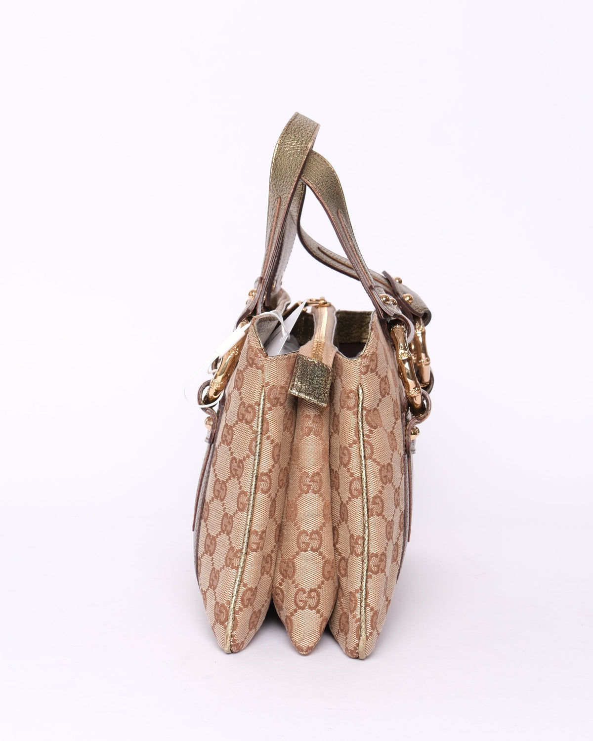 Gucci Beige Canvas & Bronze Metallic Leather Bamboo Shoulder Bag GHW