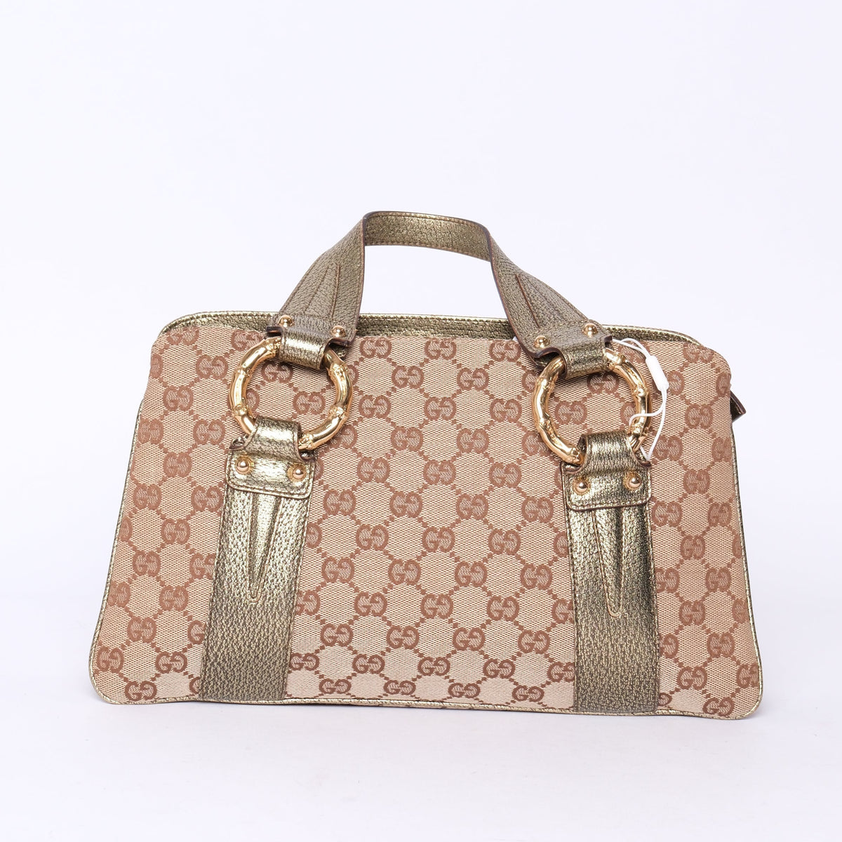 Gucci Beige Canvas & Bronze Metallic Leather Bamboo Shoulder Bag GHW