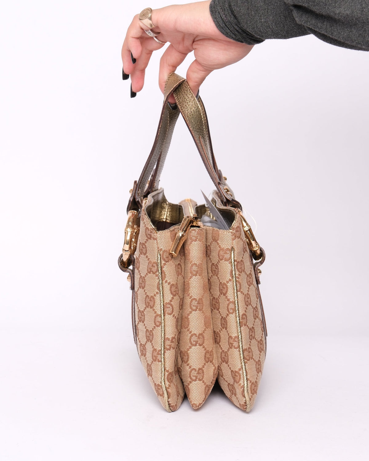 Gucci Beige Canvas & Bronze Metallic Leather Bamboo Shoulder Bag GHW