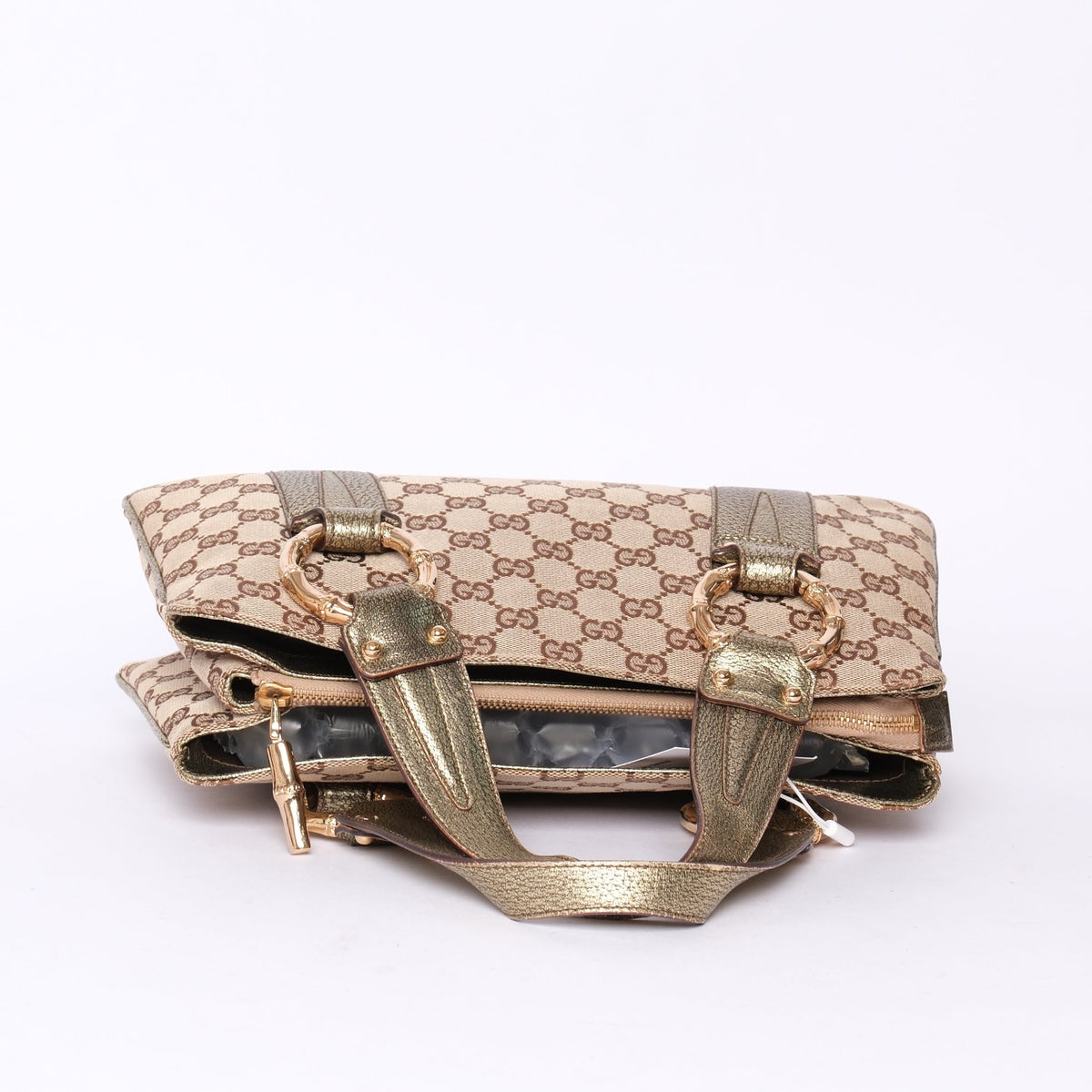 Gucci Beige Canvas & Bronze Metallic Leather Bamboo Shoulder Bag GHW