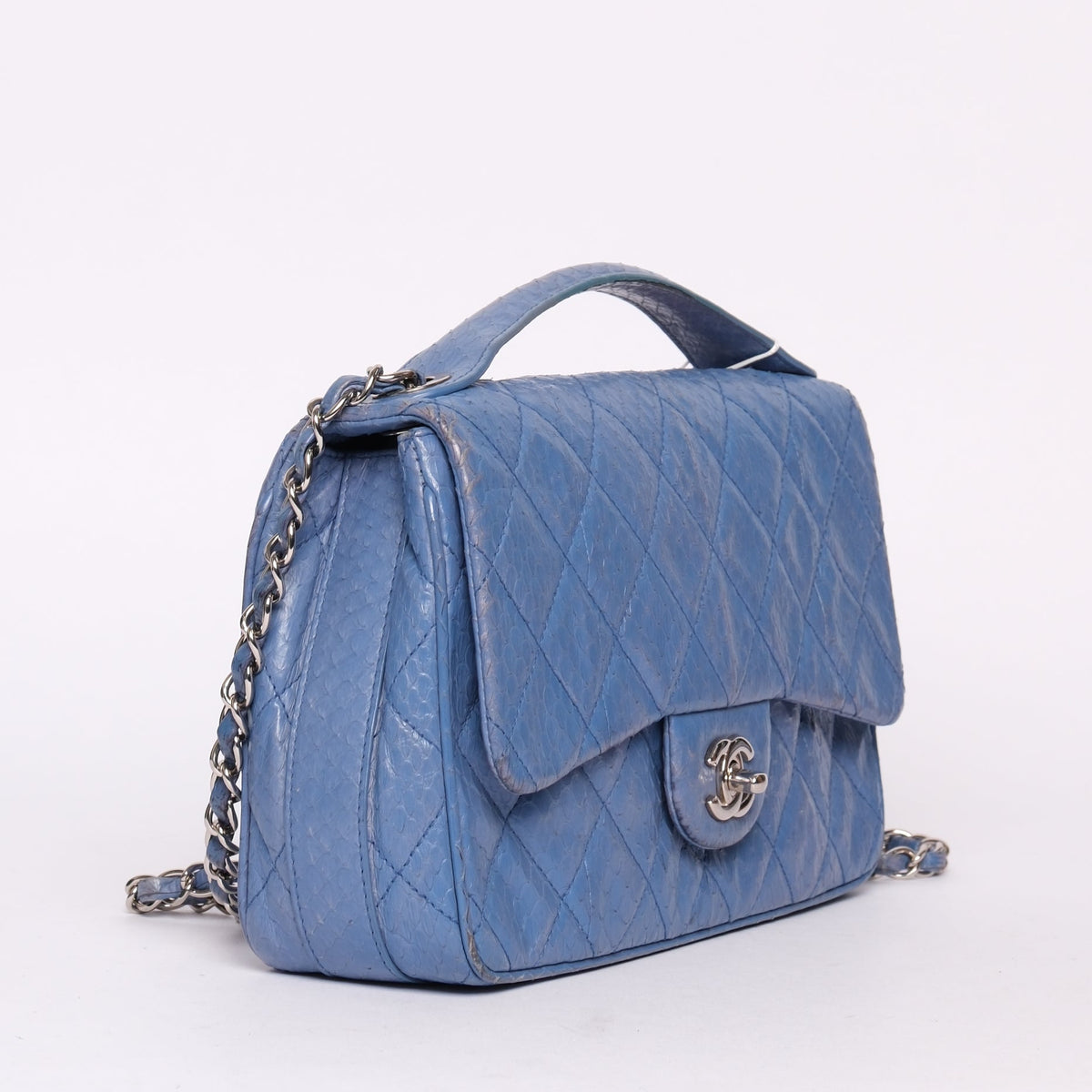 Chanel Blue Python Top Handle Flap Bag w/ Crossbody Strap
