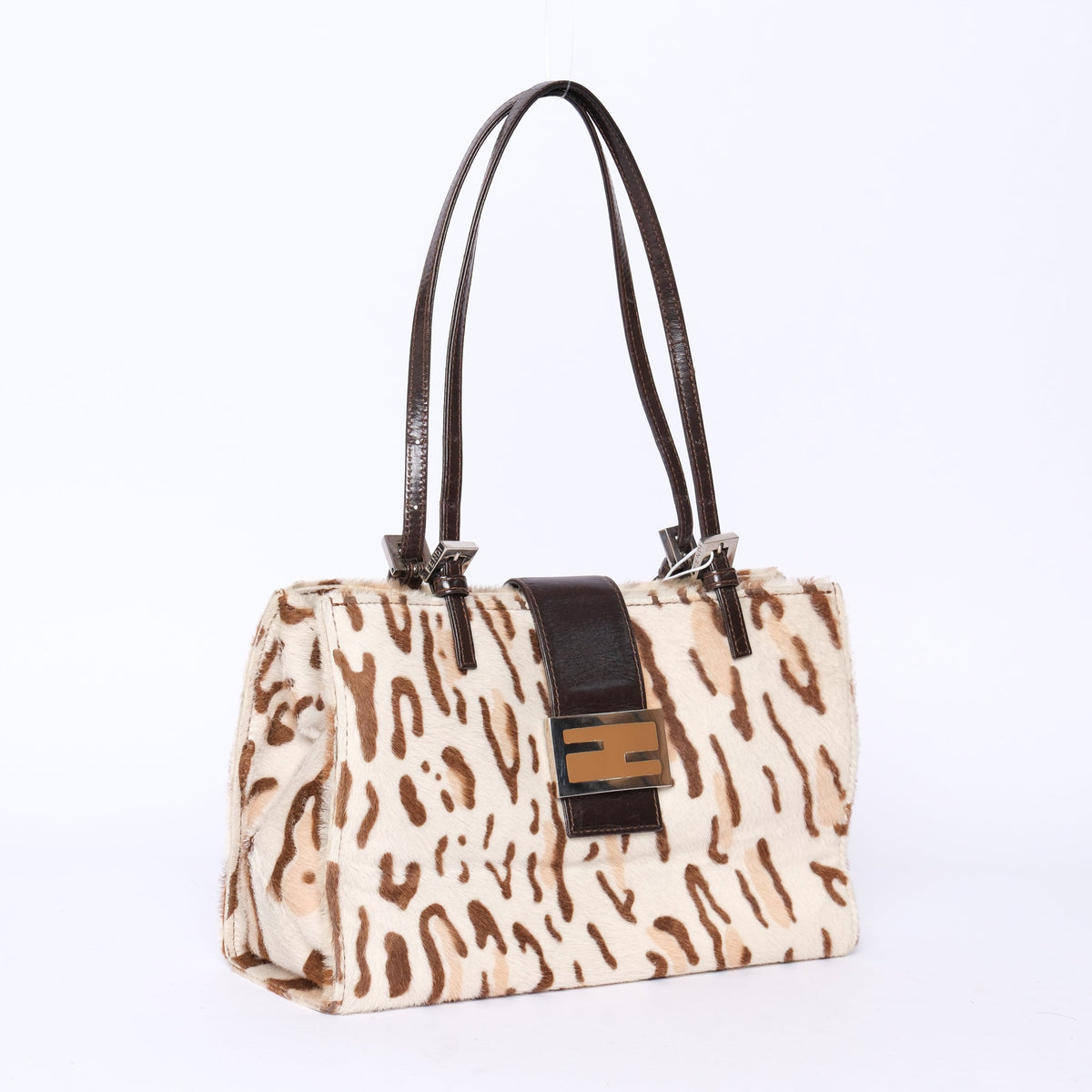 Fendi White Multicolored Cheetah Print Pony-Hair & Leather Baguette Tote Bag
