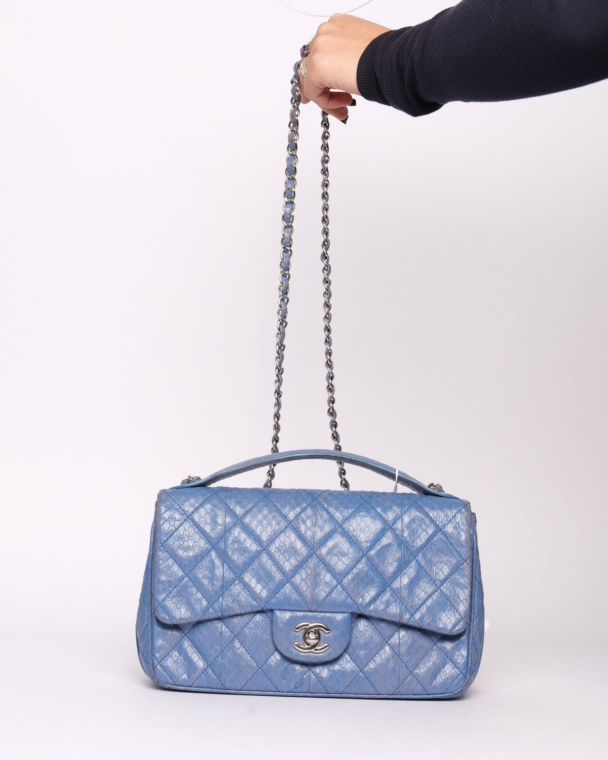 Chanel Blue Python Top Handle Flap Bag w/ Crossbody Strap