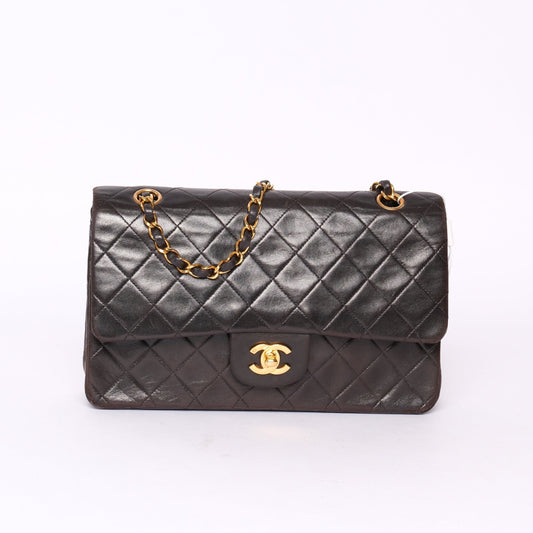 Chanel Dark Brown Lambskin Leather Quilted Matelasse Double Flap