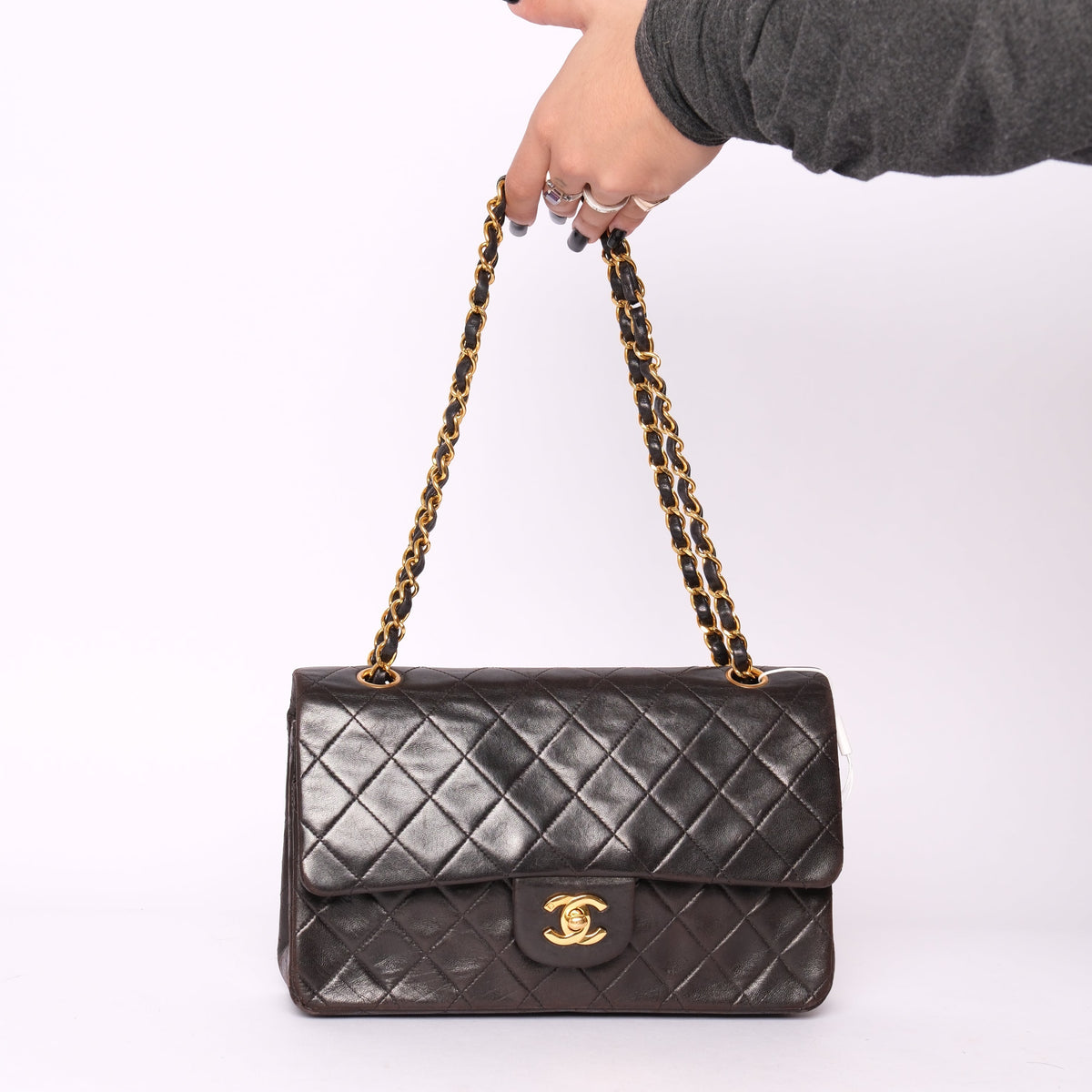 Chanel Dark Brown Lambskin Leather Quilted Matelasse Double Flap