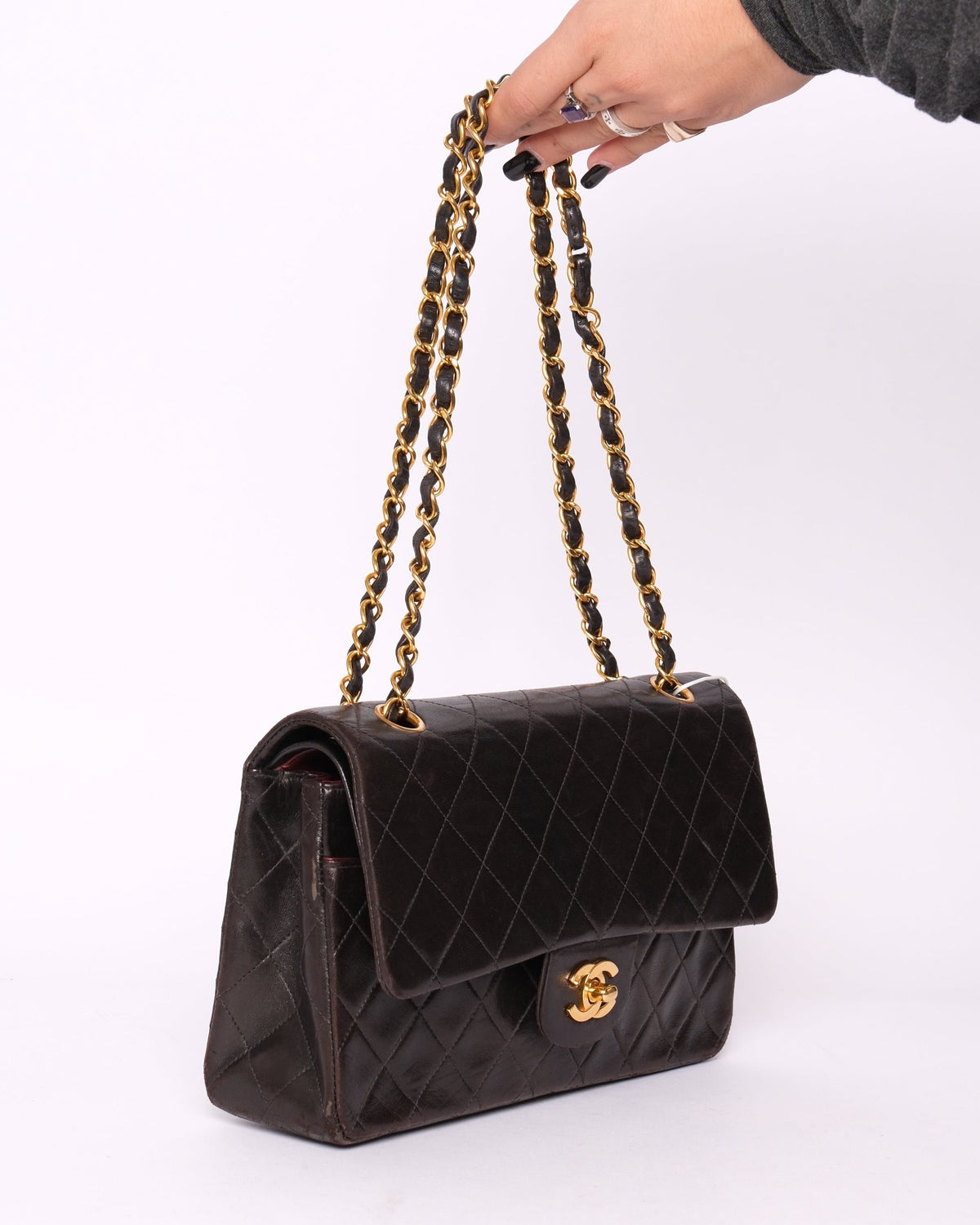 Chanel Dark Brown Lambskin Leather Quilted Matelasse Double Flap