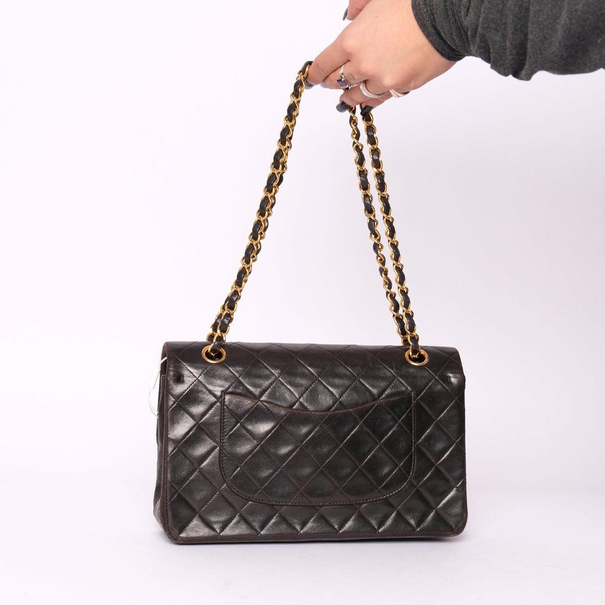 Chanel Dark Brown Lambskin Leather Quilted Matelasse Double Flap