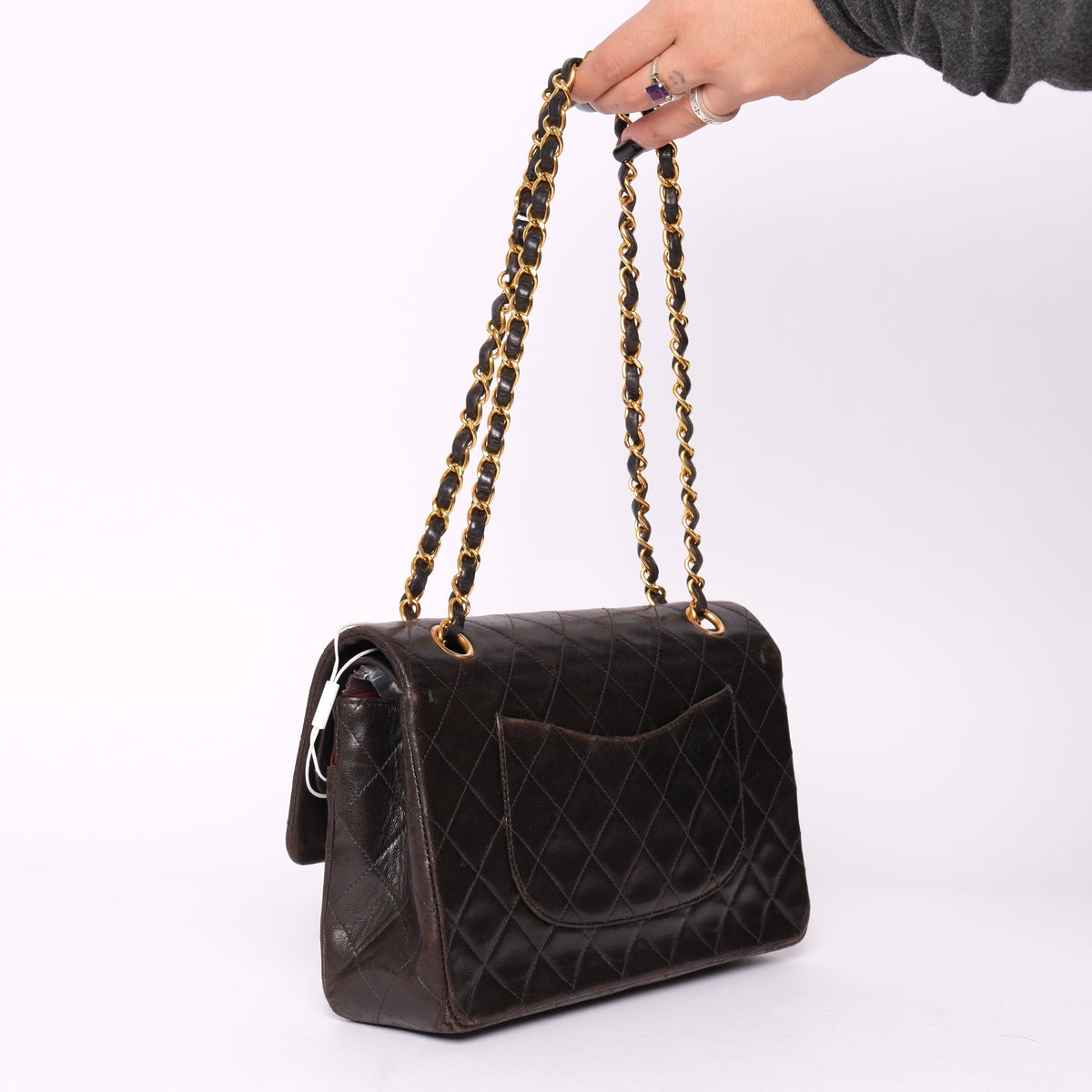 Chanel Dark Brown Lambskin Leather Quilted Matelasse Double Flap