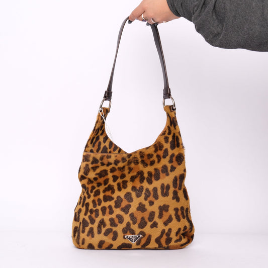 Prada Brown Pony Hair & Leather Cheetah Print Shoulder Bag