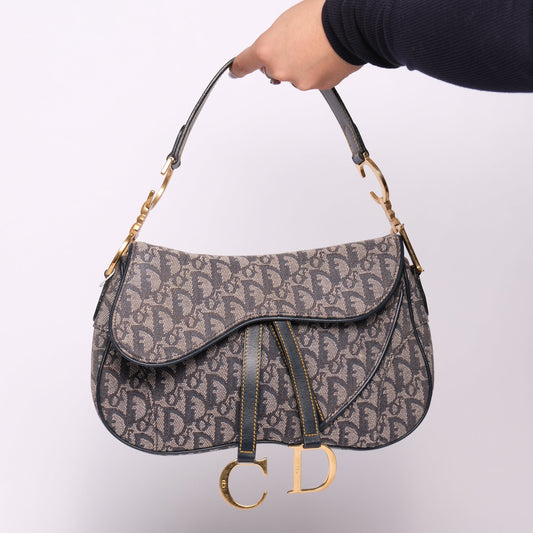 Christian Dior Blue Trotter Monogram Double Saddle w/ Gold Hardware