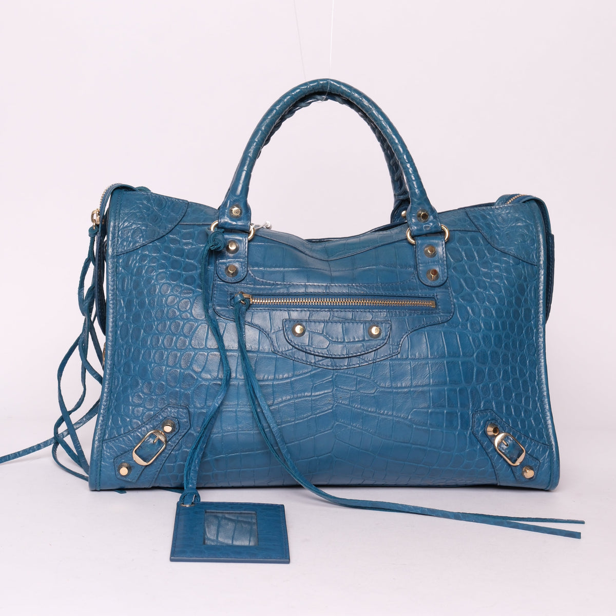 Balenciaga Blue Croc Embossed City Bag w/ Gold Hardware – Rebelonging