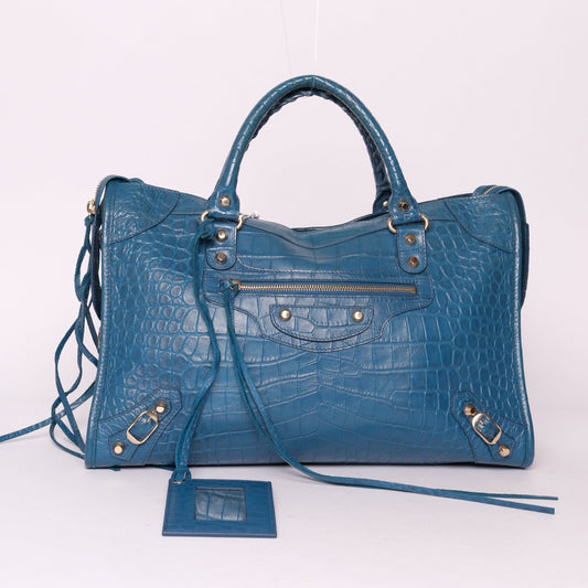 Balenciaga Blue Croc Embossed City Bag w/ Gold Hardware