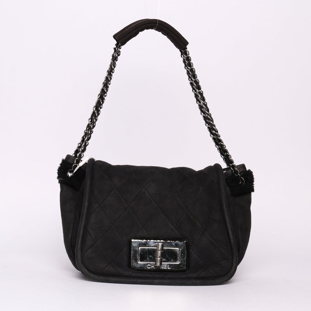 Chanel Black Suede & Shearling Quilted 2.55 Flap