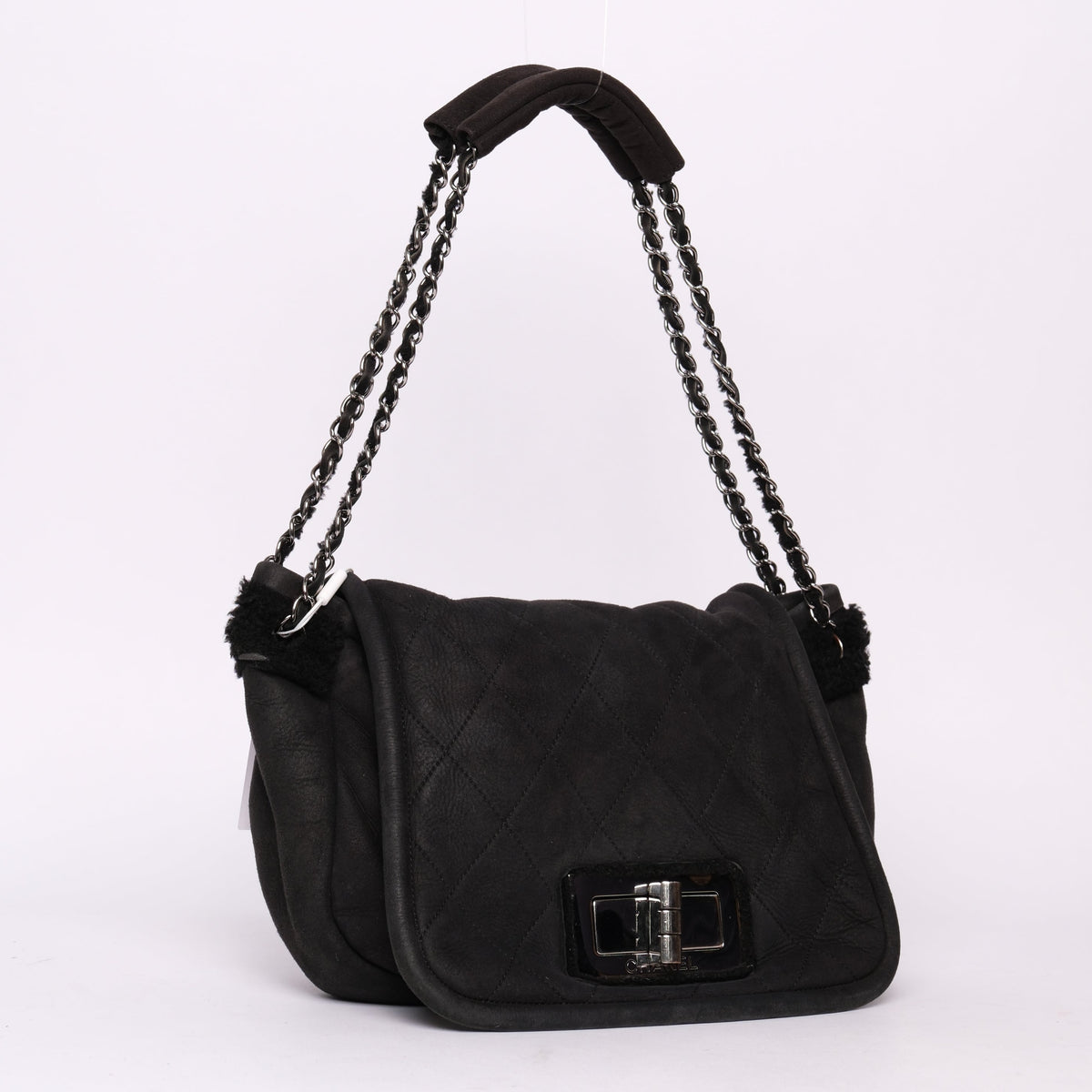 Chanel Black Suede & Shearling Quilted 2.55 Flap