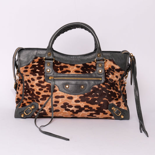 Balenciaga Cheetah Printed Pony-Hair & Leather City Bag