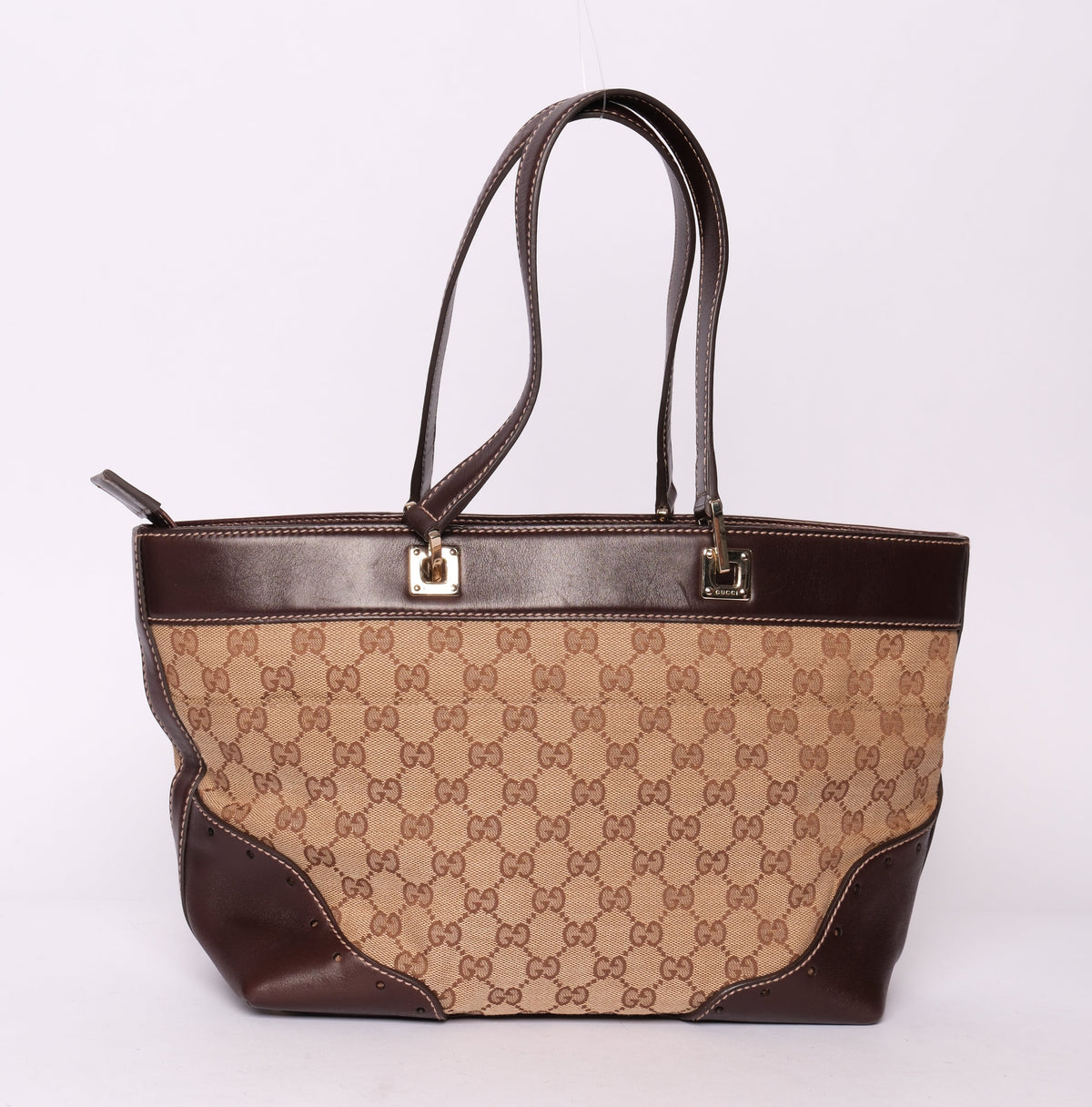Gucci Brown Canvas & Leather Monogram Punch Tote Bag