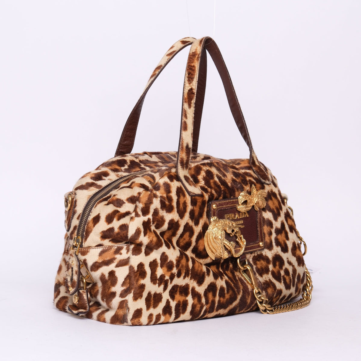 Prada Brown Pony Hair Cheetah Printed Cavaillino Bauletto Bag GHW